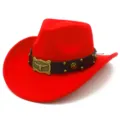Detailed view of red western cowboy hat with black leather belt and bull buckle close-up. - One Size / Red