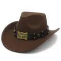 Retro brauner Western Cowboy Hut mit schwarzem Ledergürtel und Metall Stierkopf Schnalle. - Einheitsgröße / Kaffeebraun