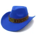 Blue felt western cowboy hat detail showing ethnic woven leather band and vintage metal concho. - One Size / Sapphire Blue