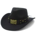Close up detail of black western cowboy hat with brass bullhead buckle and star metal studs. - One Size / Black