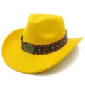 Yellow felt western cowboy hat detail with brown woven leather band and metal buckle. - One Size / Yellow