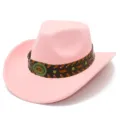 Pink western cowboy hat detail closeup, featuring brown braided strap and vintage metal buckle decor. - One Size / Pink