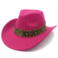Pink western cowboy hat with brown woven leather band and metal studs, ideal for vacation travel. - One Size / Rose Red