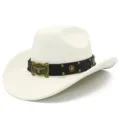 White faux suede western cowboy hat with brown band, metal bull buckle and star details. - One Size / Beige