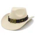 Vintage Western Cowboyhut mit schwarzem Ledergürtel und Longhorn-Schnalle für Damen Herren - Einheitsgröße / Beige