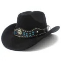 Black suede cowboy hat detail featuring decorative leather band with rhinestones and star. - One Size / Black