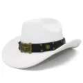 Details of the white western cowboy hat featuring black leather band and bull metal buckle. - One Size / White