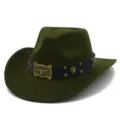 Retro green felt western cowboy hat with brown leather strap, bull buckle and star metal studs. - One Size / Army Green