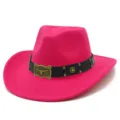 Pink western cowboy hat with black leather belt and retro bull head buckle fashion jazz top hat - One Size / Rose Red