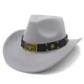Close-up detail of grey felt western cowboy hat with metal longhorn skull buckle and star studs. - One Size / Gray