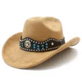 Close-up view of the classic faux suede cowboy hat showing the studded band and star accent. - One Size / Khaki