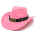 Pink western cowboy hat with black belt, bull buckle and star studs for stylish outfit. - One Size / Deep Pink
