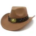 Detailed view of brown felt cowboy hat featuring dark leather belt and gold horse buckle. - One Size / Khaki