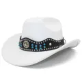 Suede cowboy hat with rhinestone rivet band, classic western style unisex fashion jazz hat. - One Size / White