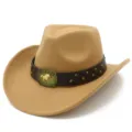 Close-up of the metal horse buckle and leather belt detail on a wide-brim felt cowboy hat. - One Size / Camel