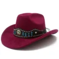 Purple suede cowboy hat with crystal studded leather band western style fedora jazz hat - One Size / Burgundy
