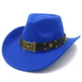 Blue western cowboy hat detail, felt cap with brown leather belt and metal bull head. - One Size / Sapphire Blue