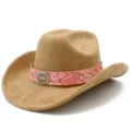 Bohemian style retro wide brim cowboy hat with pink patterned band and silver concho detail. - One Size / Khaki