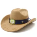 Close-up of suede cowboy hat with bull buckle and star rivets, western style detail. - One Size / Khaki