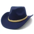 Detail view of the navy blue western cowboy hat with elegant beige braided hat band brim. - One Size / Dark Blue
