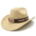 High quality suede adult western cowboy hat with wide brim, brown band and decorative buckle. - Camel