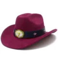 Suede western cowboy hat with metal bull skull buckle and star studs, detailed view. - One Size / Burgundy