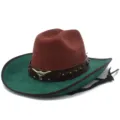 Suede western cowboy hat with brown crown and green brim, featuring a bull skull metal decor. - One Size / Brown Top