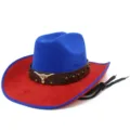 Details of the blue and red western cowboy hat with metal bull skull decor and wide brim. - One Size / Blue Top