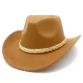 Close-up detail of the braided rope band on a khaki western cowboy felt hat, showing texture. - One Size / Camel