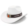 Close-up detail of the white suede western cowboy hat featuring a brown decorative band and silver buckle. - White