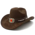 Brown suede western cowboy hat featuring decorative buckle and wide brim for sun protection. - Coffee