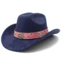 Vintage wide brim jazz hat for men and women, stylish bohemian felt cowboy hat detail view. - One Size / Dark Blue