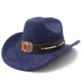 Close-up of blue suede cowboy hat band with ornate metal buckle and cross accessory. - Dark Blue