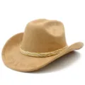 Detail shot of the wide brim faux suede western cowboy hat showing the fine braided rope band. - One Size / Khaki