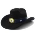 Details of the black suede western cowboy hat featuring a golden bull skull buckle and metal stars. - One Size / Black
