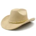 Classic beige suede cowboy hat with braided band, wide rolled brim stylish fedora. - One Size / Camel