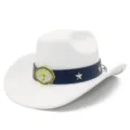 White suede western cowboy hat with blue band, gold bull skull buckle and star studs detail. - One Size / White
