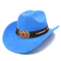 Detail shot of the blue suede western cowboy hat featuring its wide brim and metal buckle. - Blue