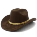 Brown suede cowboy hat featuring a stylish braided decorative band, wide brim detail. - One Size / Coffee