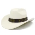 Close-up detail of white suede western cowboy hat with brown leather band and bull skull buckle. - Beige