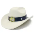 Classic white western cowboy hat with blue band, star studs and bull skull buckle for adults. - One Size / Beige