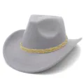 Detailed view of the grey western cowboy hat featuring a stylish braided decorative band. - One Size / Gray
