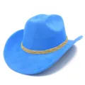 Classic blue suede western cowboy hat with braided band, wide curled brim jazz fedora cap. - One Size / Blue