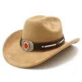 Suede western cowboy hat detail showing dark brown leather band and decorative metal buckle. - Khaki