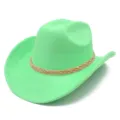 Neon green western cowboy hat with braided rope band, large brim suede fedora for outdoor. - One Size / Green