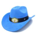 Blue suede cowboy hat with bull skull buckle and star studs for western party costume - One Size / Blue