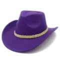 Purple western cowboy hat detail shot, showing gold braided band and wide brim design. - One Size / Purple
