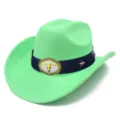 Detailed view of the green suede western cowboy hat showcasing the bull skull buckle. - One Size / Green