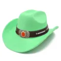 Green suede western cowboy hat detail showing brown leather band and ornate vintage metal buckle. - Green