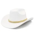 Detail shot of the white cowboy hat featuring a braided beige and gold decorative band close up. - One Size / White